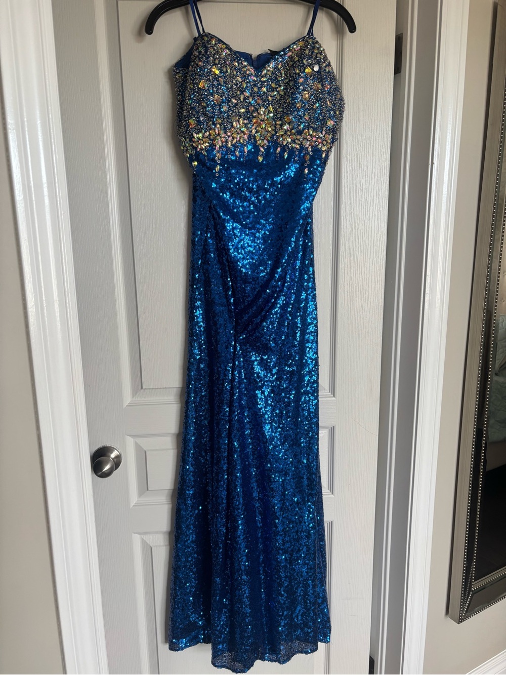 le chateau Royal Blue Sequin Gown with Multicolor Beaded Bodice